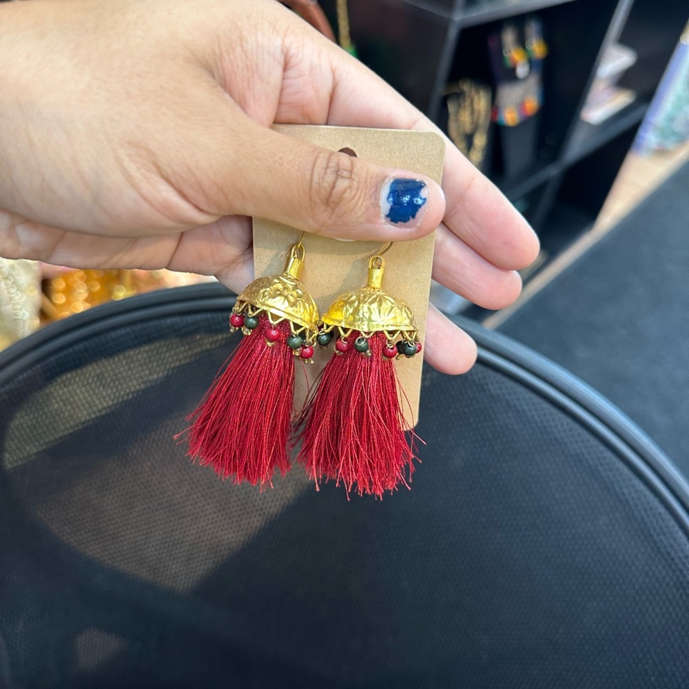 Chic Gold and Red Tassel Earrings